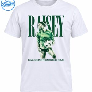 Raisey soccer shirt graphic with a female goalkeeper holding a ball, oversized green lettering, and Frisco Texas text