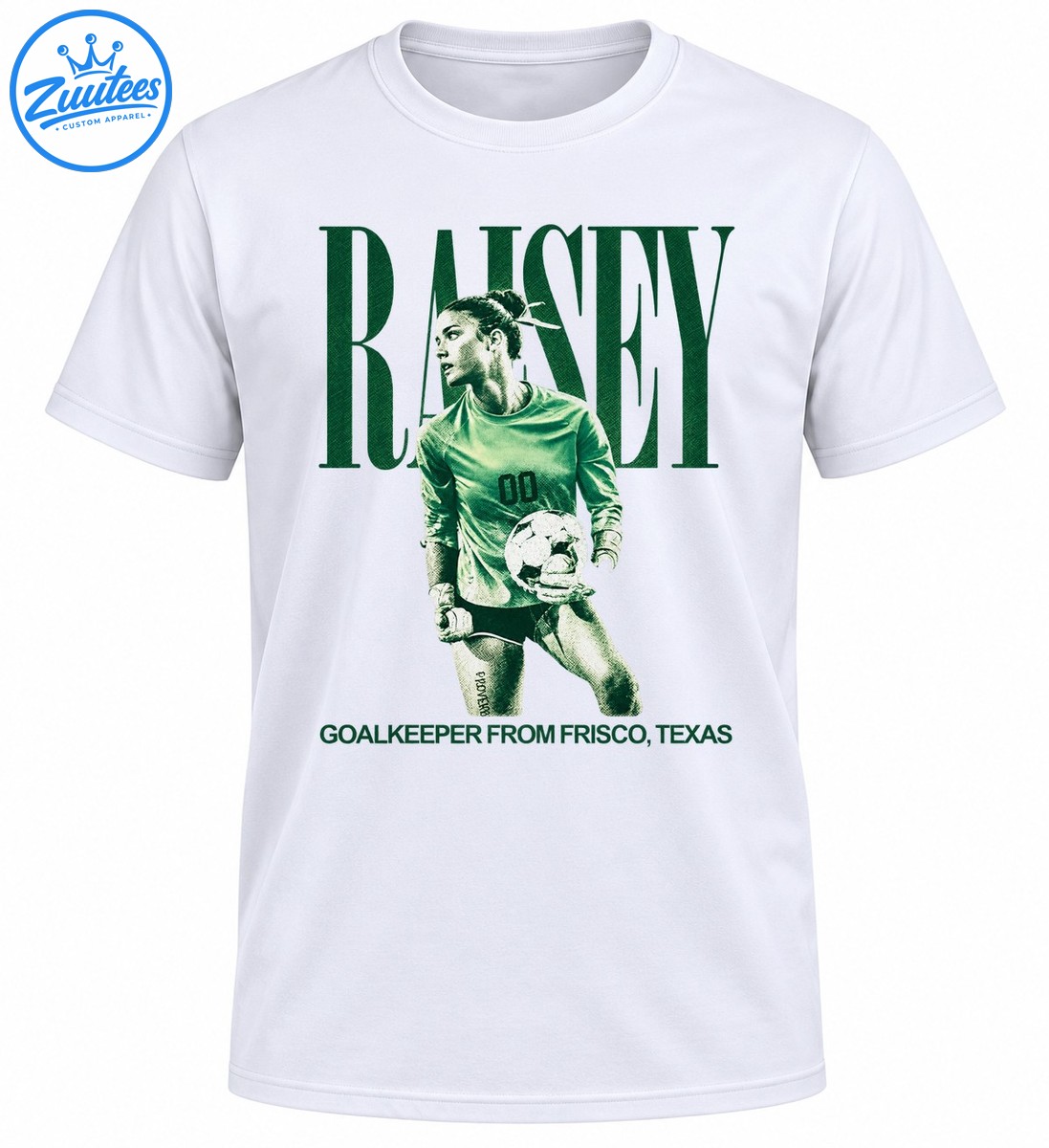 Raisey soccer shirt graphic with a female goalkeeper holding a ball, oversized green lettering, and Frisco Texas text Raisey soccer shirt graphic with a female goalkeeper holding a ball, oversized green lettering, and Frisco Texas text
