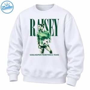 Raisey soccer shirt graphic with a female goalkeeper holding a ball, oversized green lettering, and Frisco Texas text