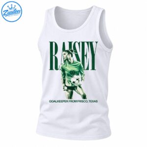 Raisey soccer shirt graphic with a female goalkeeper holding a ball, oversized green lettering, and Frisco Texas text