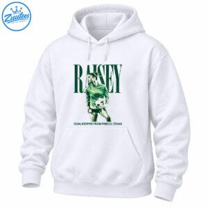 Raisey soccer shirt graphic with a female goalkeeper holding a ball, oversized green lettering, and Frisco Texas text