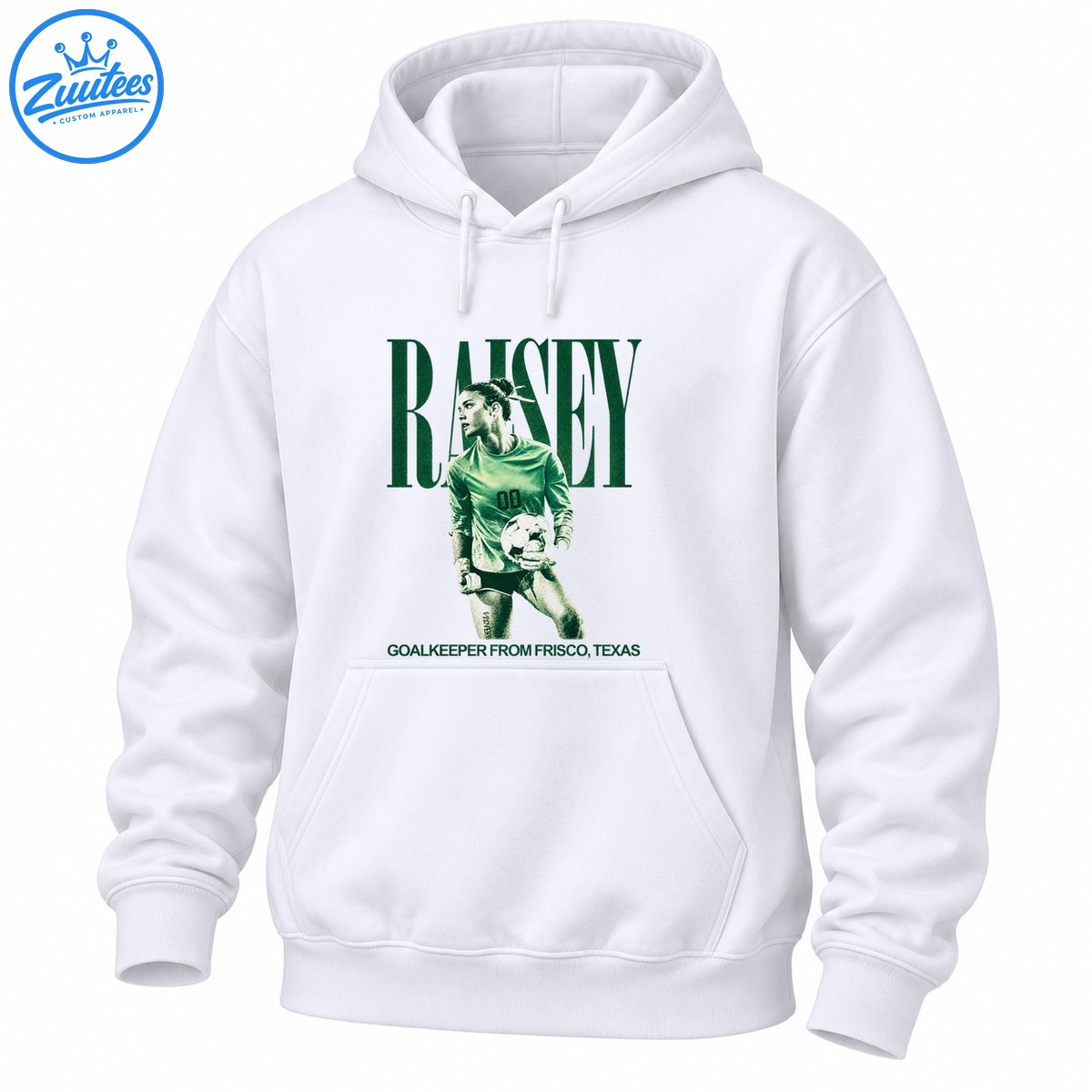 Raisey soccer shirt graphic with a female goalkeeper holding a ball, oversized green lettering, and Frisco Texas text Raisey soccer shirt graphic with a female goalkeeper holding a ball, oversized green lettering, and Frisco Texas text