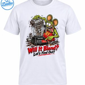 Green monster operating a metal-filled blender with Will It Blend and Let's Find Out distressed red and white lettering