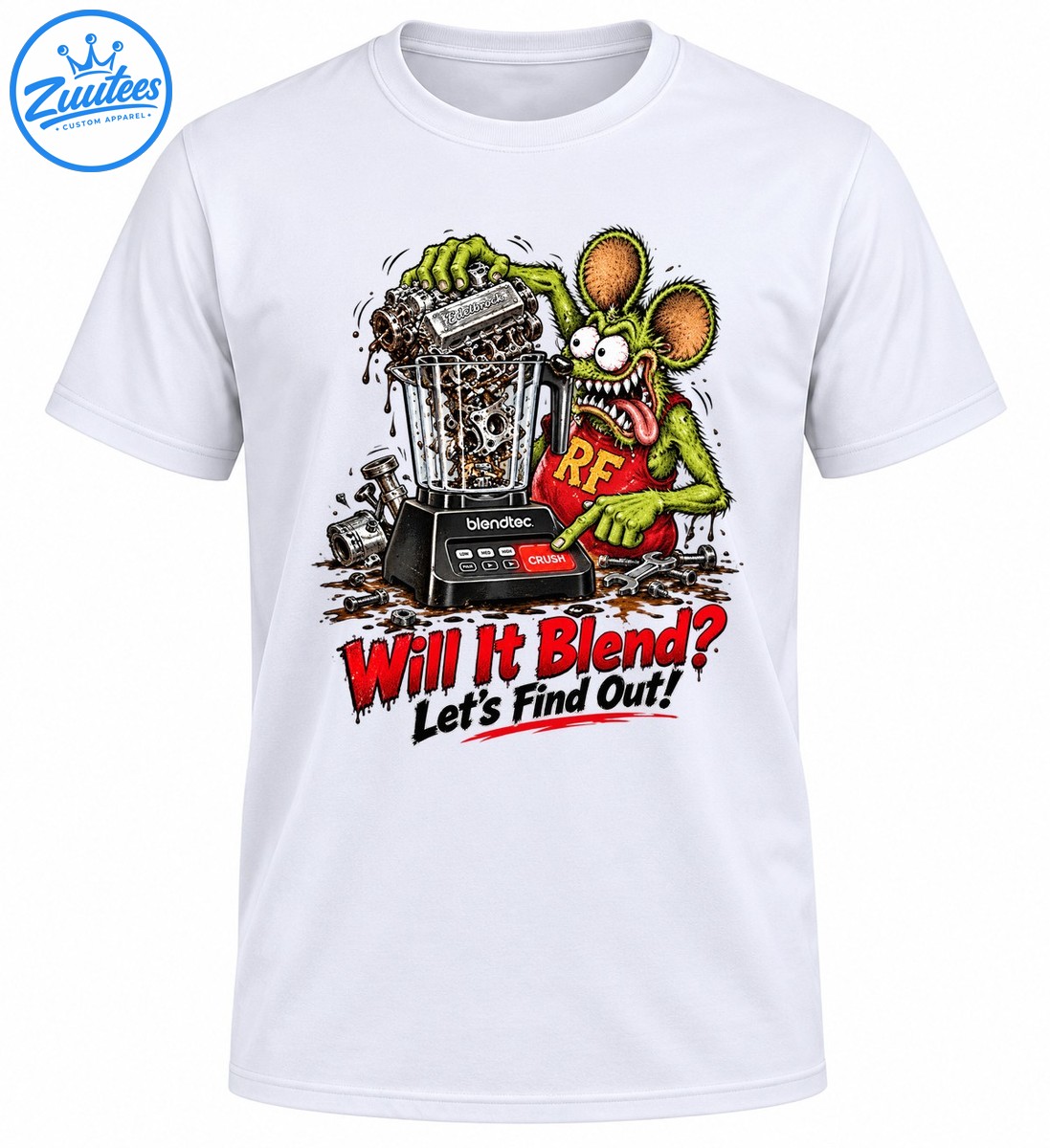 Green monster operating a metal filled blender with Will It Blend and Let's Find Out distressed red and white lettering Green monster operating a metal-filled blender with Will It Blend and Let's Find Out distressed red and white lettering