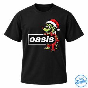 Green cartoon character in a red Santa hat leaning over a black panel with bold white oasis lettering.