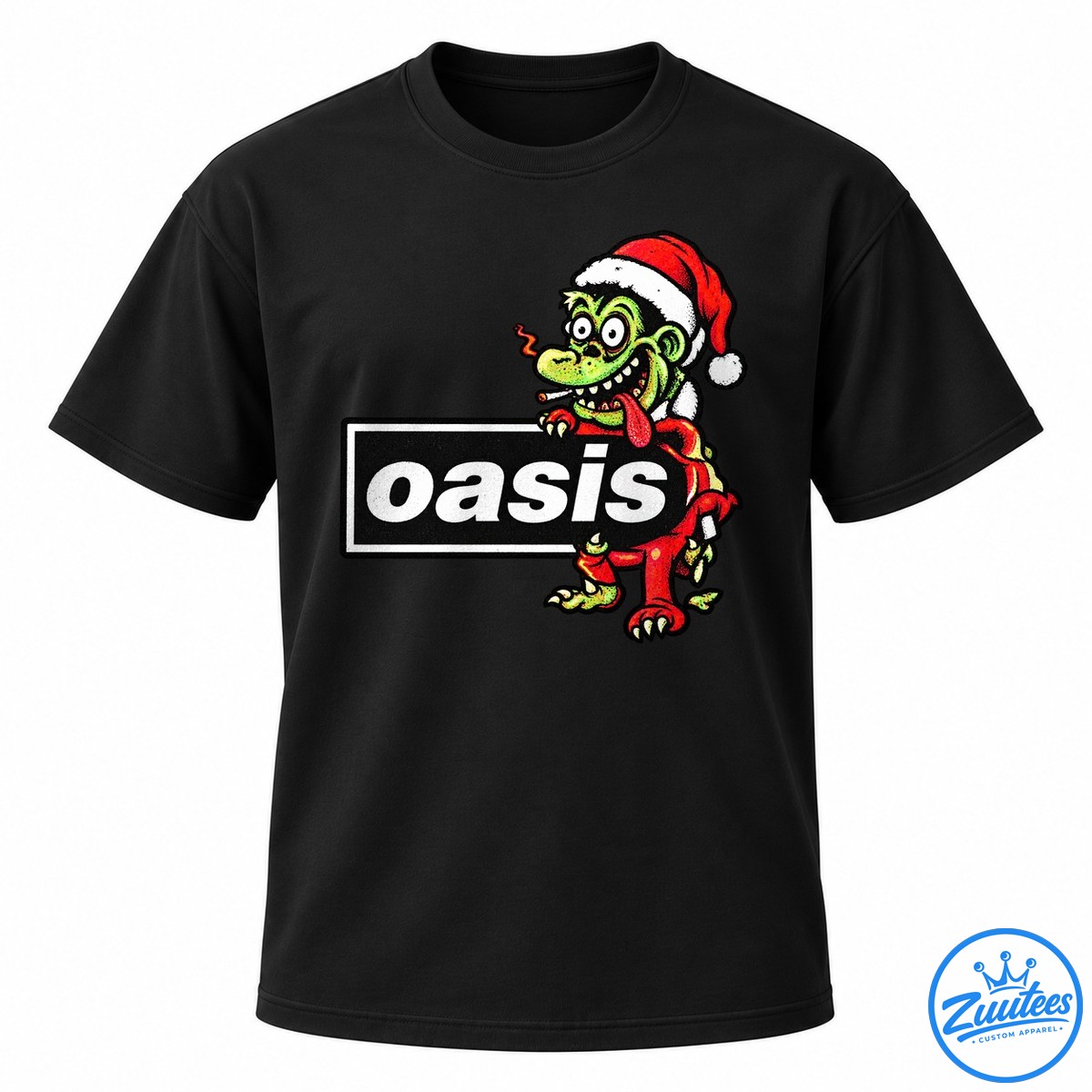 Rat Fink X Oasis Live ’27 Some Christmas Will Never Fade Away Shirt Green cartoon character in a red Santa hat leaning over a black panel with bold white oasis lettering.