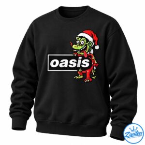 Green cartoon character in a red Santa hat leaning over a black panel with bold white oasis lettering.