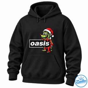 Green cartoon character in a red Santa hat leaning over a black panel with bold white oasis lettering.