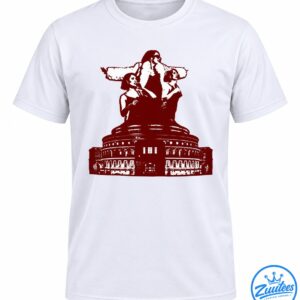 Red and white distressed graphic of three figures above a grand domed building on a black background