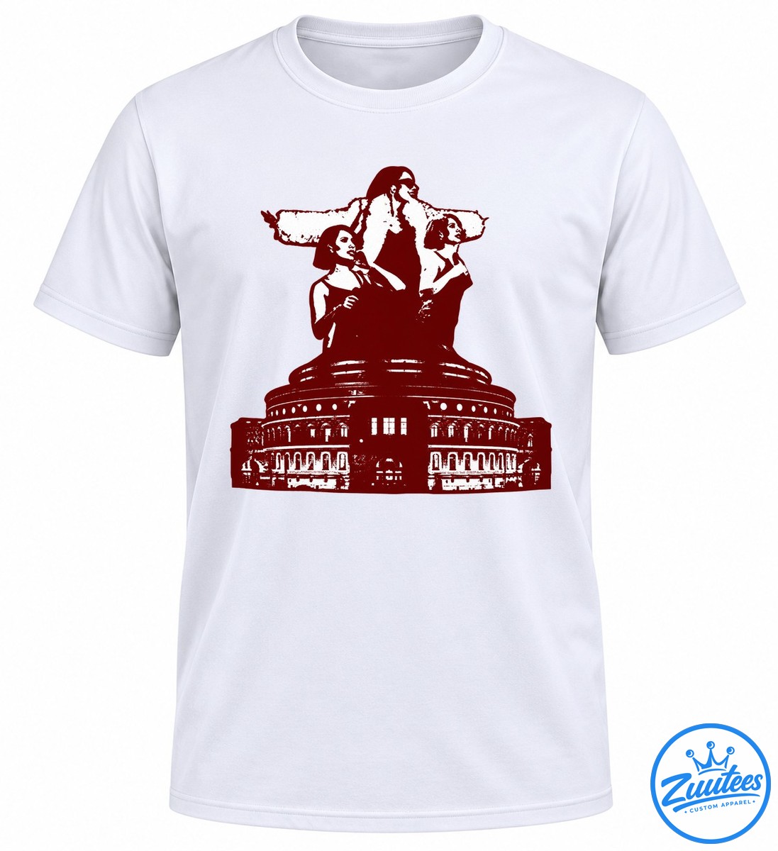 Raye This Symphony May Contain Hope Concept Shirt Red and white distressed graphic of three figures above a grand domed building on a black background
