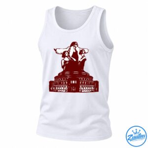 Red and white distressed graphic of three figures above a grand domed building on a black background
