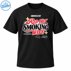 Red Hot Smoking Wife graphic shirt design with red and black lettering, gold sparkles, and racing-inspired details