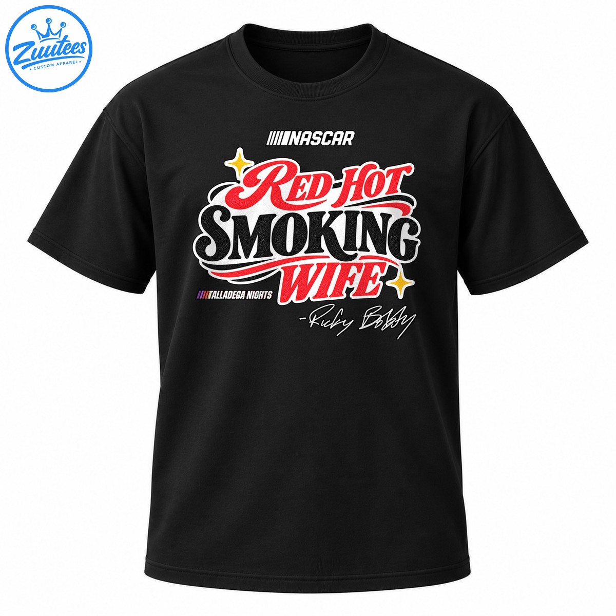Red Hot Smoking Wife graphic shirt design with red and black lettering, gold sparkles, and racing inspired details Red Hot Smoking Wife graphic shirt design with red and black lettering, gold sparkles, and racing-inspired details