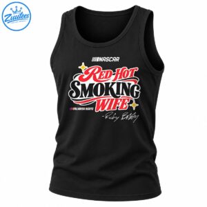 Red Hot Smoking Wife graphic shirt design with red and black lettering, gold sparkles, and racing-inspired details