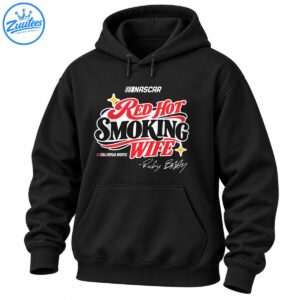 Red Hot Smoking Wife graphic shirt design with red and black lettering, gold sparkles, and racing-inspired details