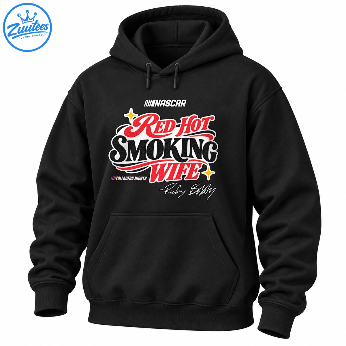 Red Hot Smoking Wife graphic shirt design with red and black lettering, gold sparkles, and racing inspired details Red Hot Smoking Wife graphic shirt design with red and black lettering, gold sparkles, and racing-inspired details