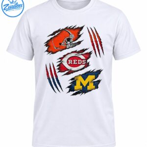 Distressed sports graphic with an orange football helmet, REDS emblem, golden M, and red claw marks on torn fabric shapes