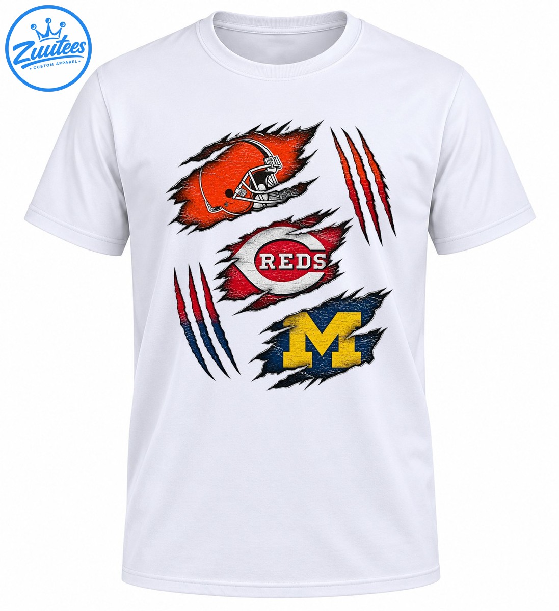 Distressed sports graphic with an orange football helmet, REDS emblem, golden M, and red claw marks on torn fabric shapes Distressed sports graphic with an orange football helmet, REDS emblem, golden M, and red claw marks on torn fabric shapes