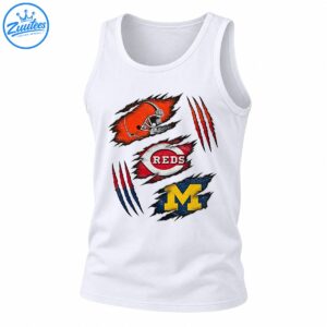Distressed sports graphic with an orange football helmet, REDS emblem, golden M, and red claw marks on torn fabric shapes