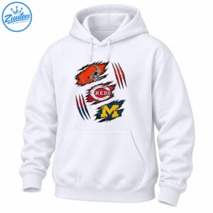 Distressed sports graphic with an orange football helmet, REDS emblem, golden M, and red claw marks on torn fabric shapes