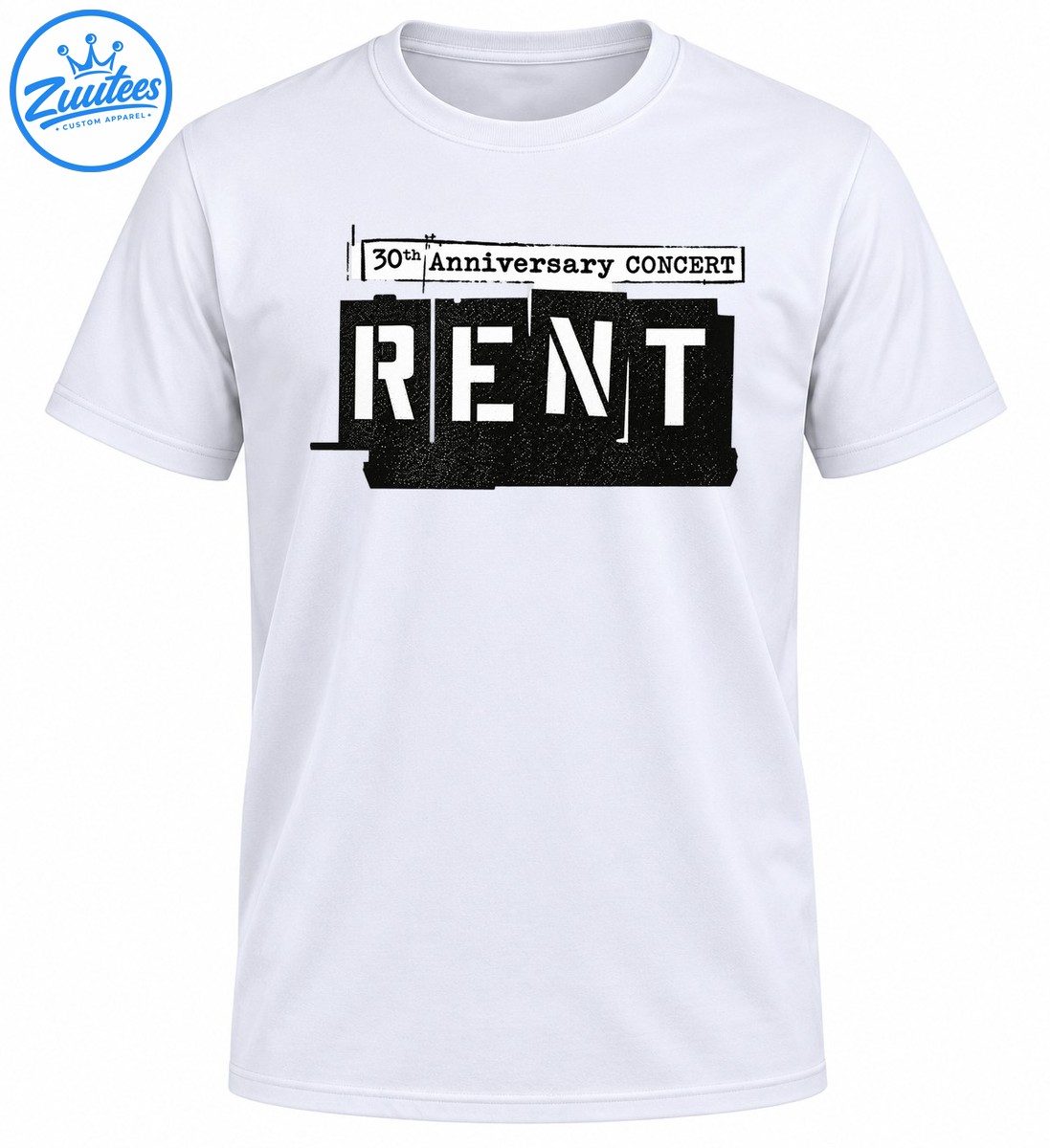 RENT 30th Anniversary CONCERT shirt design with bold white lettering, distressed black panels, and vintage poster styling RENT 30th Anniversary CONCERT shirt design with bold white lettering, distressed black panels, and vintage poster styling
