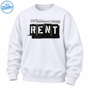 RENT 30th Anniversary CONCERT shirt design with bold white lettering, distressed black panels, and vintage poster styling