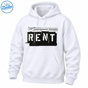RENT 30th Anniversary CONCERT shirt design with bold white lettering, distressed black panels, and vintage poster styling