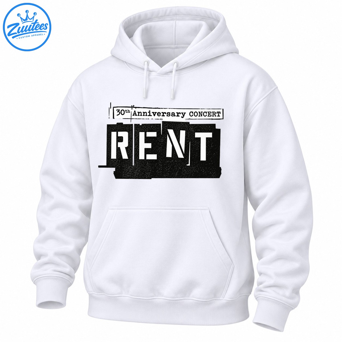 RENT 30th Anniversary CONCERT shirt design with bold white lettering, distressed black panels, and vintage poster styling RENT 30th Anniversary CONCERT shirt design with bold white lettering, distressed black panels, and vintage poster styling