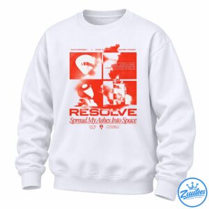 Red and white RESOLVE Spread My Ashes Into Space graphic with cosmic imagery and distressed album-inspired panels