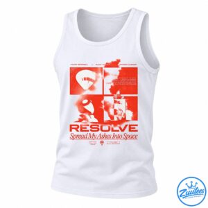 Red and white RESOLVE Spread My Ashes Into Space graphic with cosmic imagery and distressed album-inspired panels