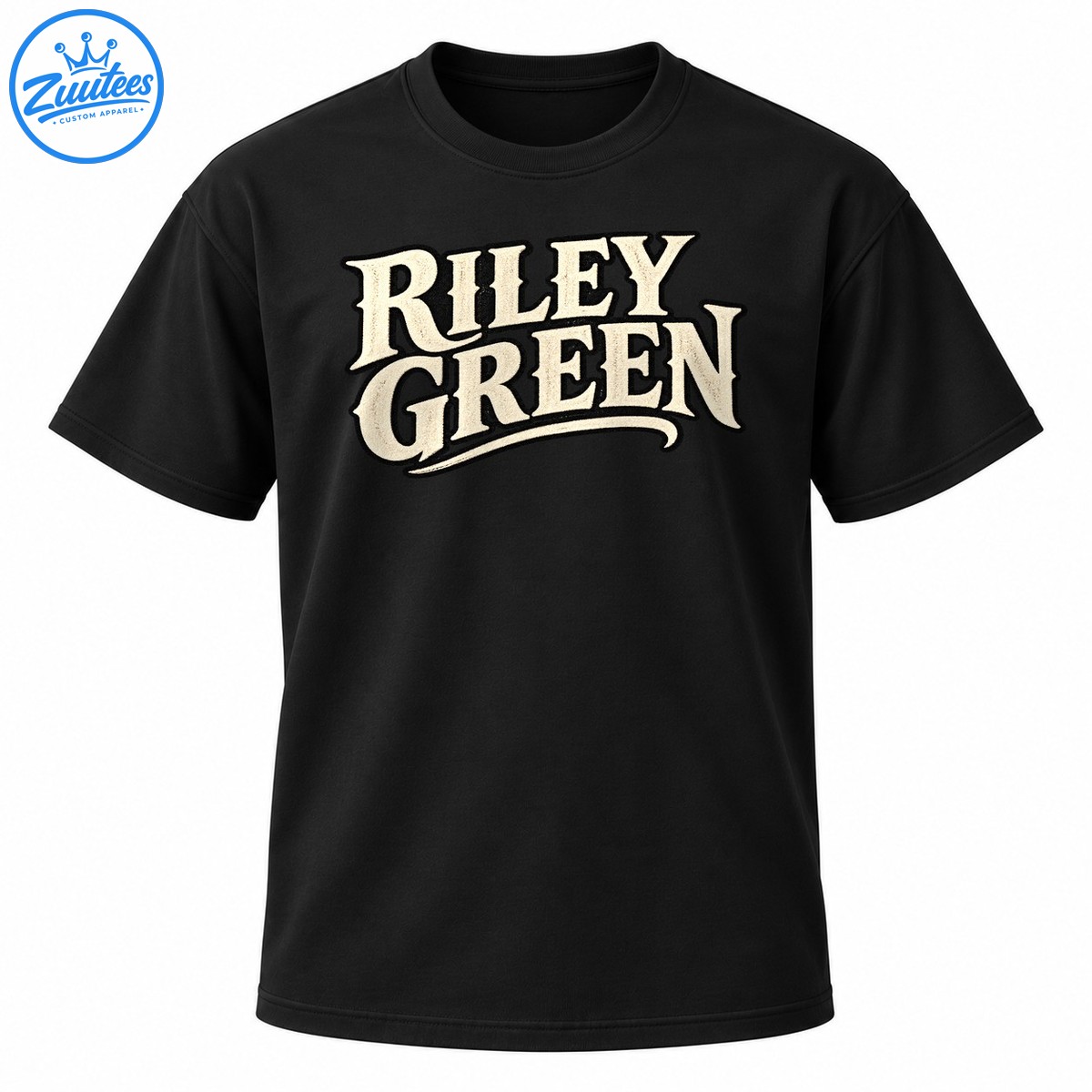Riley Green graphic with cream vintage serif lettering, black outlines, and a curved underline Riley Green graphic with cream vintage serif lettering, black outlines, and a curved underline