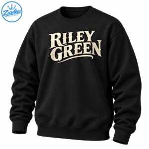 Riley Green graphic with cream vintage serif lettering, black outlines, and a curved underline