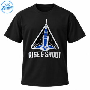 Rise and Shout graphic featuring a blue rocket, silver triangular space emblem, letter Y, and distressed white lettering