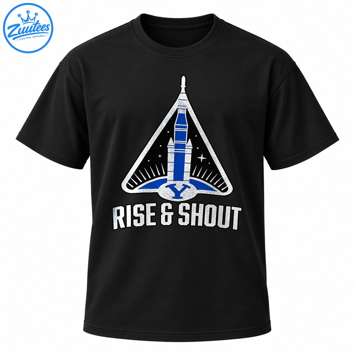 Rise and Shout graphic featuring a blue rocket, silver triangular space emblem, letter Y, and distressed white lettering Rise and Shout graphic featuring a blue rocket, silver triangular space emblem, letter Y, and distressed white lettering