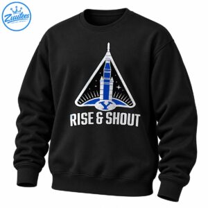 Rise and Shout graphic featuring a blue rocket, silver triangular space emblem, letter Y, and distressed white lettering