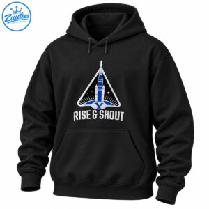 Rise and Shout graphic featuring a blue rocket, silver triangular space emblem, letter Y, and distressed white lettering