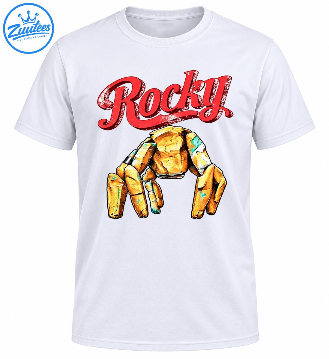 Rocky distressed red script above a golden orange stone creature with turquoise accents and rugged outlines Rocky distressed red script above a golden-orange stone creature with turquoise accents and rugged outlines