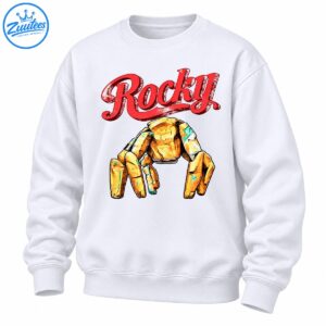 Rocky distressed red script above a golden-orange stone creature with turquoise accents and rugged outlines