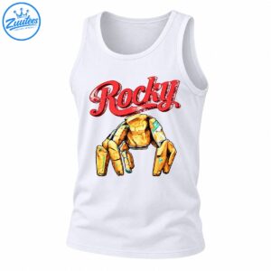 Rocky distressed red script above a golden-orange stone creature with turquoise accents and rugged outlines