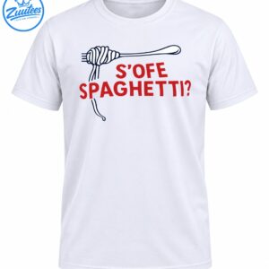 Funny spaghetti shirt design with a navy outlined fork wrapped in noodles and red S’OFE SPAGHETTI? lettering