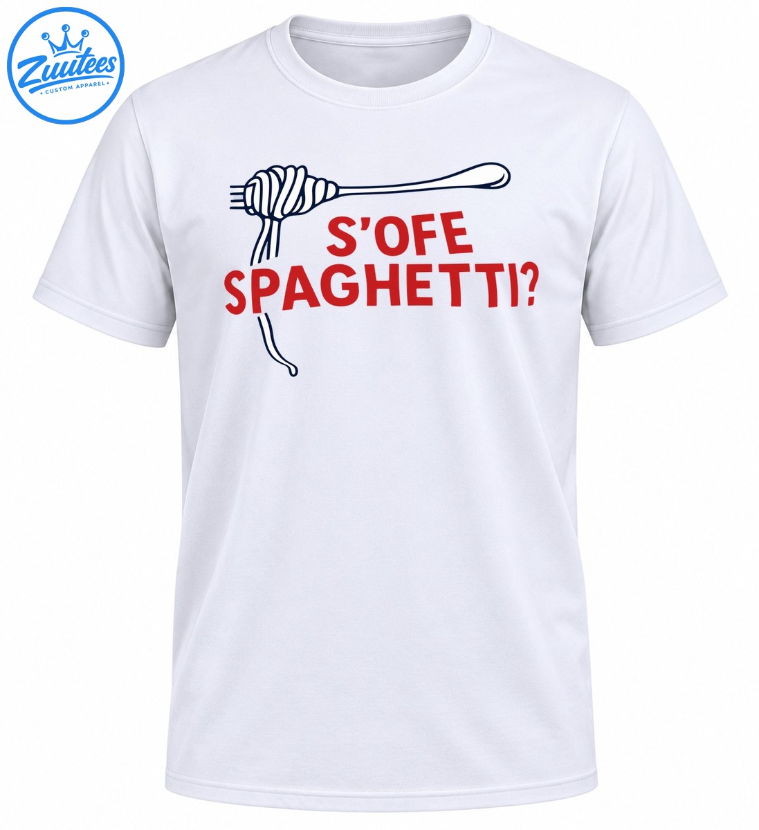 Funny spaghetti shirt design with a navy outlined fork wrapped in noodles and red S’OFE SPAGHETTI? lettering Funny spaghetti shirt design with a navy outlined fork wrapped in noodles and red S’OFE SPAGHETTI? lettering