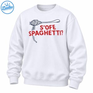 Funny spaghetti shirt design with a navy outlined fork wrapped in noodles and red S’OFE SPAGHETTI? lettering