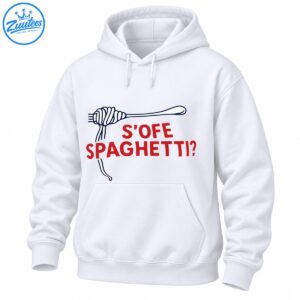 Funny spaghetti shirt design with a navy outlined fork wrapped in noodles and red S’OFE SPAGHETTI? lettering