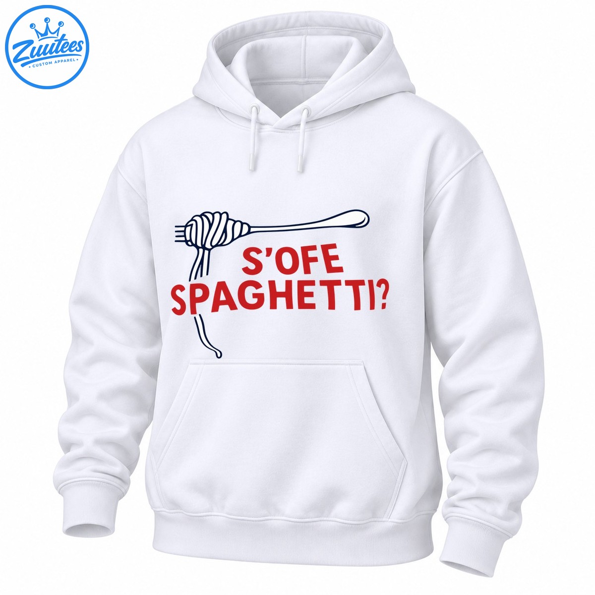 Funny spaghetti shirt design with a navy outlined fork wrapped in noodles and red S’OFE SPAGHETTI? lettering Funny spaghetti shirt design with a navy outlined fork wrapped in noodles and red S’OFE SPAGHETTI? lettering