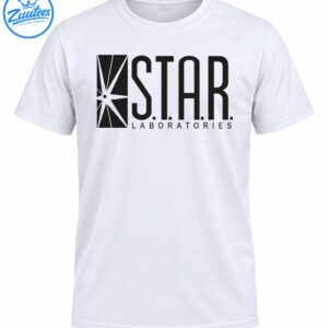 S.T.A.R. Laboratories shirt design with bold black lettering and an angular geometric starburst emblem