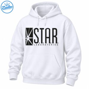 S.T.A.R. Laboratories shirt design with bold black lettering and an angular geometric starburst emblem