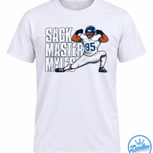 Sack Master Myles football graphic with cracked white lettering and a flexing number 95 player in a white uniform and blue helmet