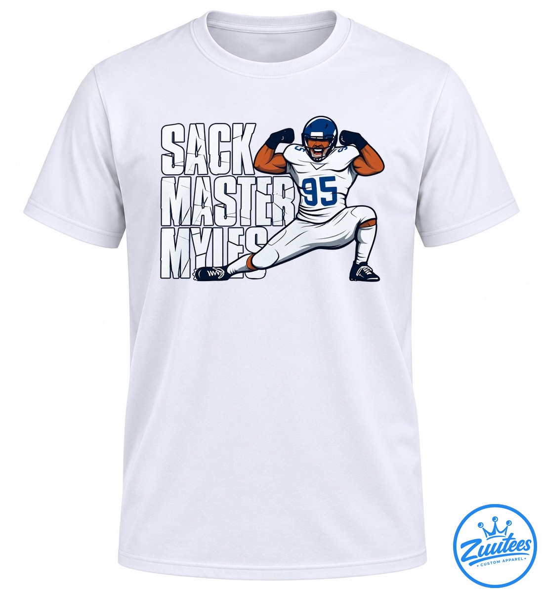 Sack Master Myles football graphic with cracked white lettering and a flexing number 95 player in a white uniform and blue helmet Sack Master Myles football graphic with cracked white lettering and a flexing number 95 player in a white uniform and blue helmet