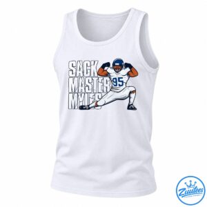 Sack Master Myles football graphic with cracked white lettering and a flexing number 95 player in a white uniform and blue helmet
