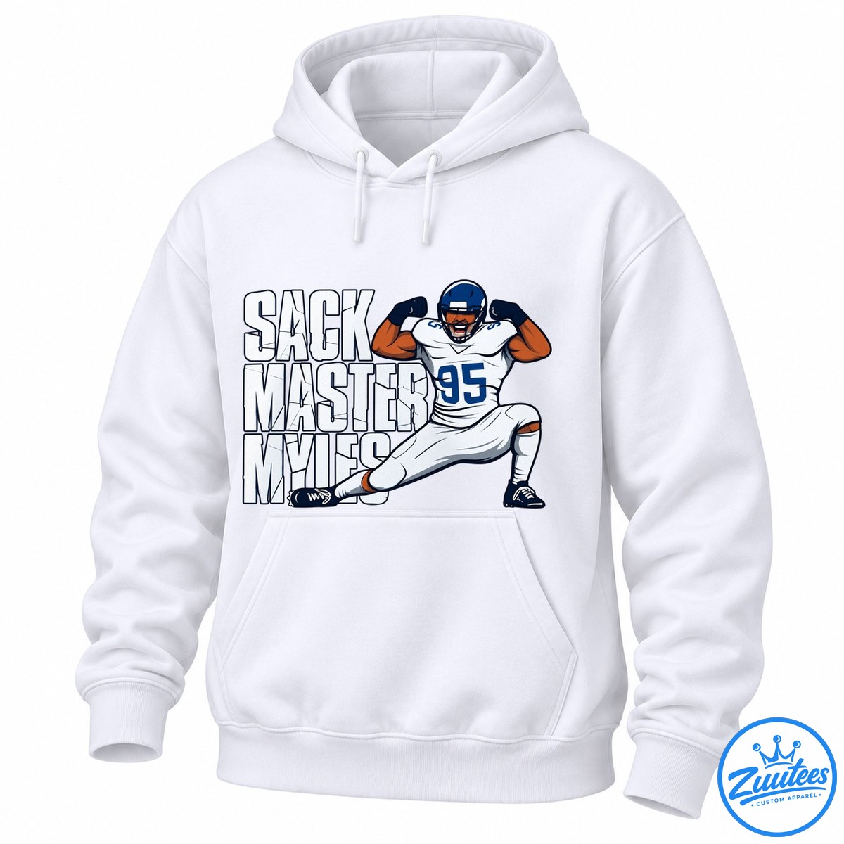 Sack Master Myles football graphic with cracked white lettering and a flexing number 95 player in a white uniform and blue helmet Sack Master Myles football graphic with cracked white lettering and a flexing number 95 player in a white uniform and blue helmet